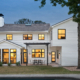 Front of home, white siding black hardware